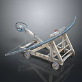 Vintage Wooden Catapult Model With Wheels And Basket As Decorative Household Item