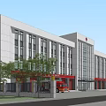 Modern Fire Station Building With Red Garage Doors Fire Trucks And Front Plaza