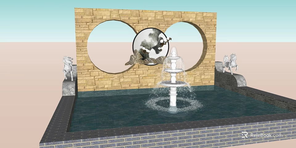 Water Fountain with Multi Tier Design in Brick Wall with Circular Openings and Horse Sculptures 3d model 