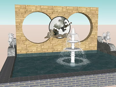 Water Fountain with Multi Tier Design in Brick Wall with Circular Openings and Horse Sculptures 3d model