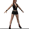 Red Haired Woman Standing In Black Vest And Shorts With Belt Bracelets And Red Shoes