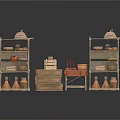 Scenic Countryside View With Wooden Shelves Holding Clay Pots And Woven Items
