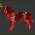 Brown and white dog with fluffy shiny coat standing alert on dark background