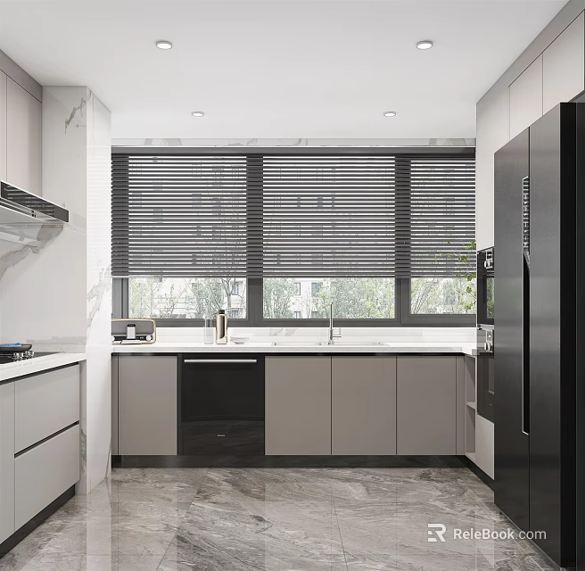 Modern Kitchen Interior With Gray Cabinets Black Refrigerator Marble Floor And Blinds 3d model