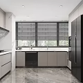 Modern Kitchen Interior With Gray Cabinets Black Refrigerator Marble Floor And Blinds 3d model