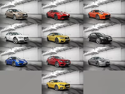 Multiple Colored Cars In Various Styles Displayed In Modern Showroom 3d model