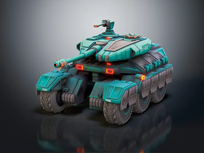 Futuristic Teal Tank 3D Model With Turret Cannon Red Lights And Tracks 3d model