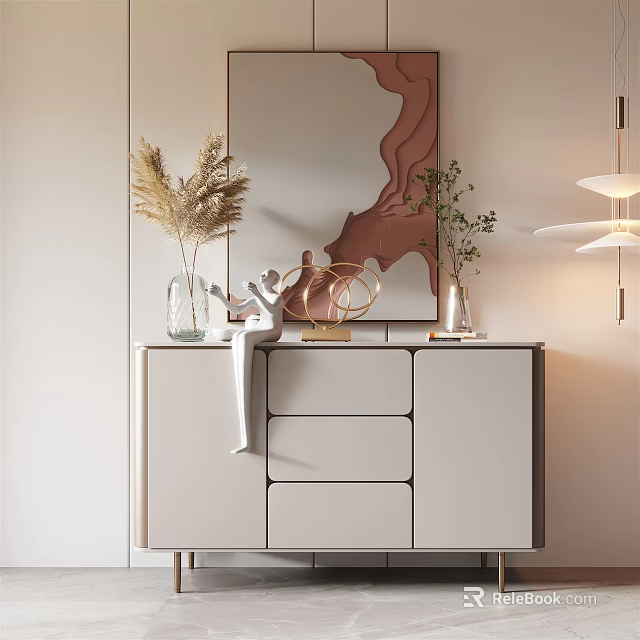 Elegant Console Table And Side Cabinet For Entryway With Pampas Grass Vase Mirror And Sculpture 3d model 