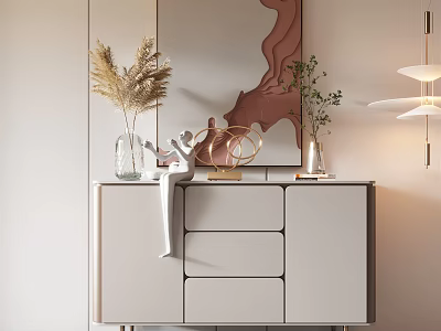 Elegant Console Table And Side Cabinet For Entryway With Pampas Grass Vase Mirror And Sculpture 3d model