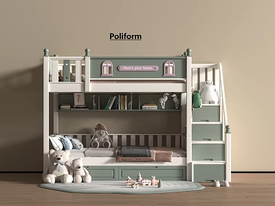 Cozy Kids Bunk Bed Interior Design With White Green Frame Bookshelves And Drawers 3d model