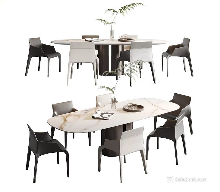 Modern Dining Table Set with Round Rectangular Marble Tabletop Black White Chairs and Vase 3d model