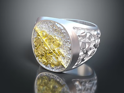 Exquisite Silver And Gold Ring With Diamonds Inlaid Center And Engraved Floral Patterns 3d model