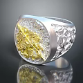 Exquisite Silver And Gold Ring With Diamonds Inlaid Center And Engraved Floral Patterns