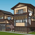 Japanese Style Two Story Guesthouse Building With Wooden Structure Glass Windows Lawn And Stone Path