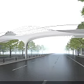 White Curved Membrane Canopy Over Wide Road With Trees Distant Tall Buildings And Clear Sky
