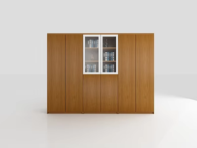 Brown Wooden Bookcase With Glass Doors And Modern Design Filled With Books 3d model