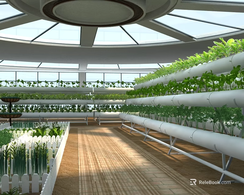 Modern Indoor Industrial Factory With Circular Skylight Glass Roof Vertical Growing Racks And Green Plants 3d model 