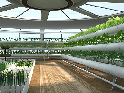 Modern Indoor Industrial Factory With Circular Skylight Glass Roof Vertical Growing Racks And Green Plants 3d model