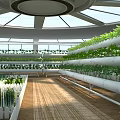 Modern Indoor Industrial Factory With Circular Skylight Glass Roof Vertical Growing Racks And Green Plants