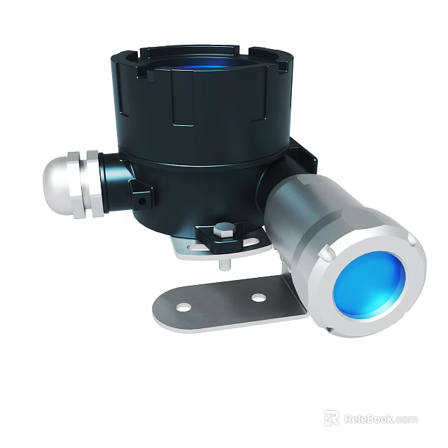 Industrial Optical Sensor With Black Silver Metal Housing Blue Lens Mounting Bracket 3d model 