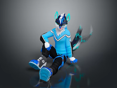 Sitting Anthropomorphic Fox Like Creature In Blue Outfit With White Fur And Glowing Tail 3d model