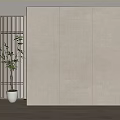 Beige Textured Background Wall In Modern Minimalist Interior With Potted Plant And Wooden Floor