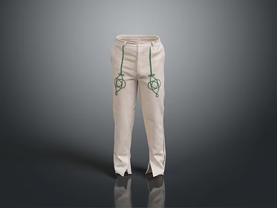 Beige Casual Pants With Green Drawstrings And Decorative Knot Details 3d model