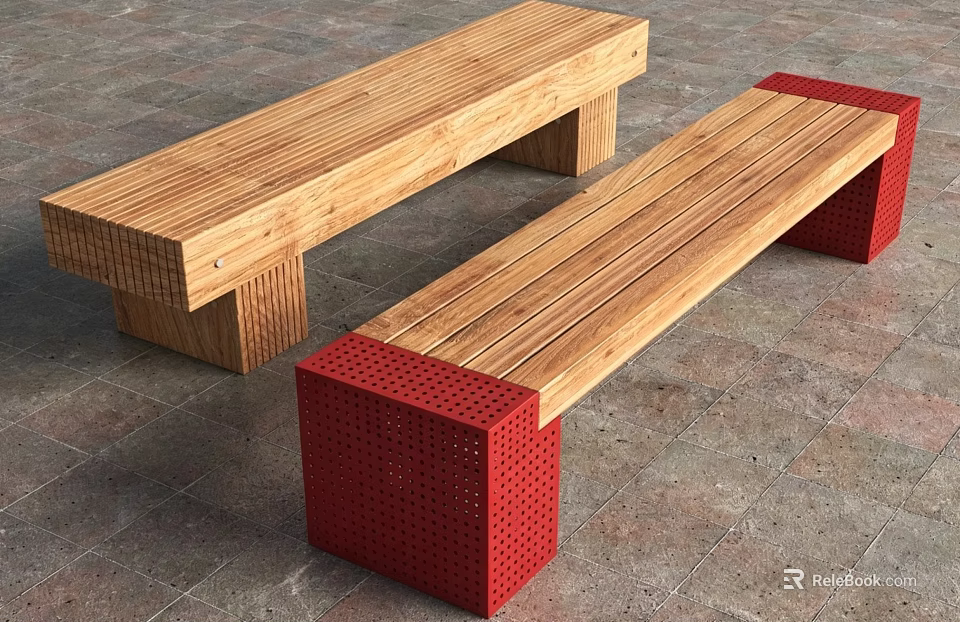 Wooden Outdoor Bench With Red Perforated Legs And Modern Sturdy Design 3d model 