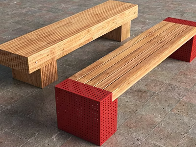 Wooden Outdoor Bench With Red Perforated Legs And Modern Sturdy Design 3d model