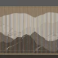 Wooden Slatted Sofa Background Wall With Landscape Pattern And Lighting