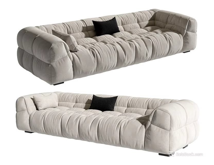 Modern Beige Velvet Sectional Sofa With Tufted Design And Black Cushions 3d model 