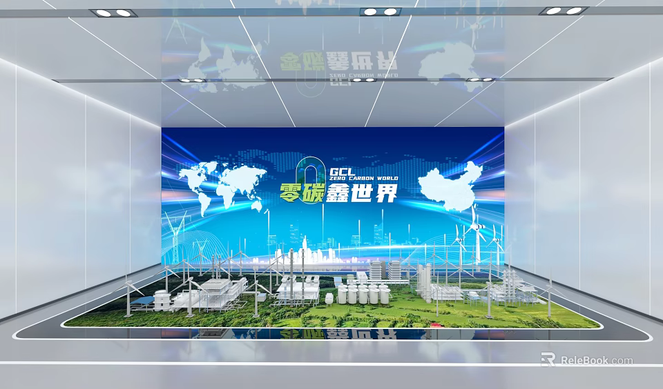 Zero Carbon World Exhibition With World Map Wind Turbines Solar Panels And City Models 3d model 