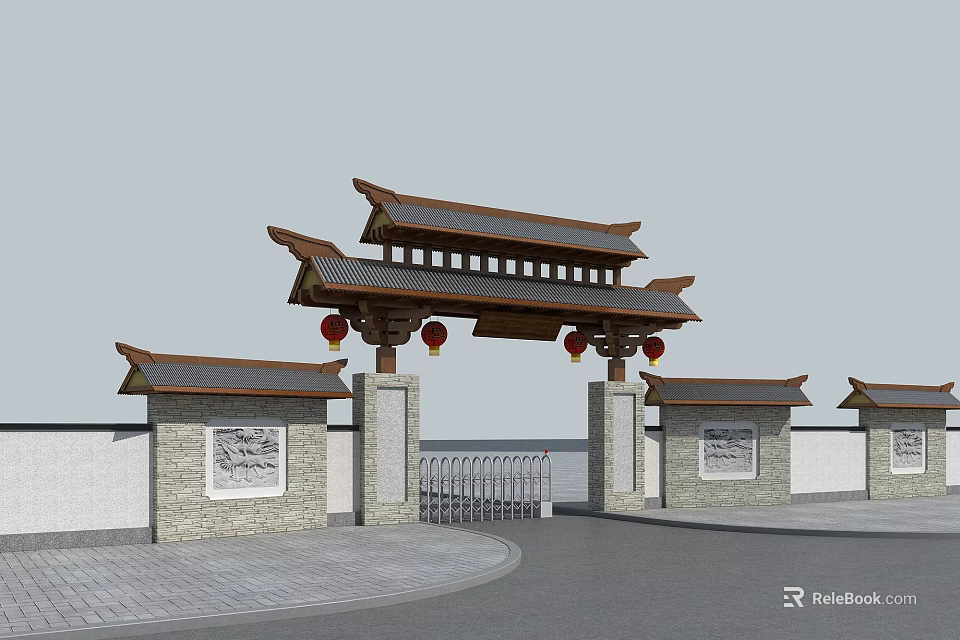 Traditional Chinese Style Entrance Gate With Carved Stone Walls And Red Lanterns 3d model 