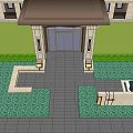 Elegant Main Entrance Gate With Number 1 Sign Glass Doors Lamp Posts And Green Shrubs