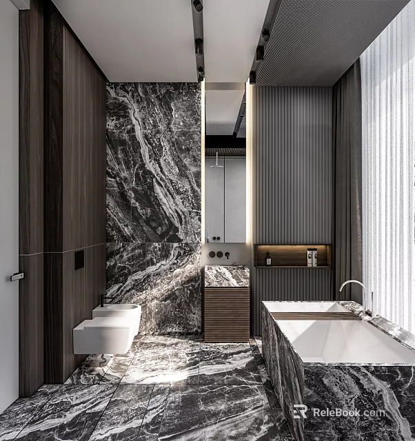 Modern Bathroom Interior With Marble Walls Freestanding Bathtub And Wooden Vanity 3d model 