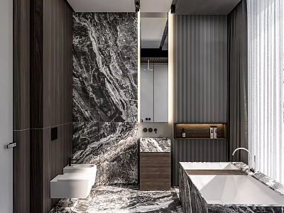 Modern Bathroom Interior With Marble Walls Freestanding Bathtub And Wooden Vanity 3d model