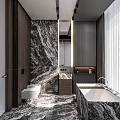 Modern Bathroom Interior With Marble Walls Freestanding Bathtub And Wooden Vanity