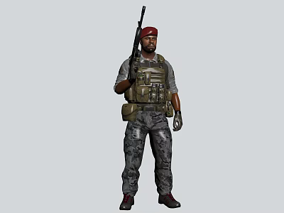 Man in Red Beret Wearing Tactical Vest and Camouflage Pants Holding Rifle 3d model