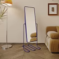 Purple Frame Mirror On Blue Stand In Living Room With Brown Sofa And Wooden Floor