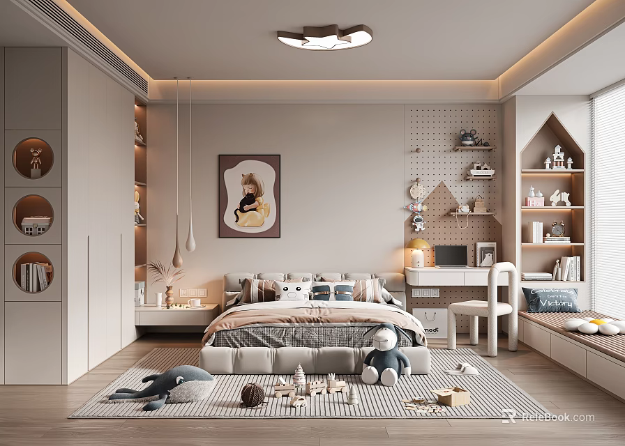 Cozy Kids Room Interior With Bed Stuffed Toys Play Rug And Wall Art 3d model 