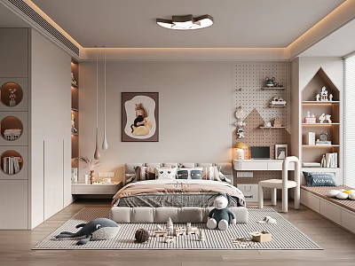 Cozy Kids Room Interior With Bed Stuffed Toys Play Rug And Wall Art 3d model