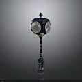 Ornate Blue Decorative Column With Golden Accents Circular Transparent Panels And Intricate Patterns