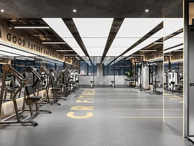 Spacious Modern Gym Interior with Fitness Equipment Create Floor Sign Good Future Wall 3d model