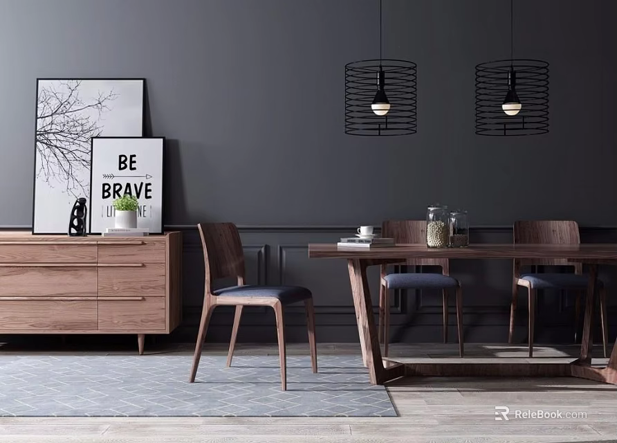 Wooden Dining Table Set With Four Chairs Dark Cushions Black Pendant Lights Gray Walls 3d model 