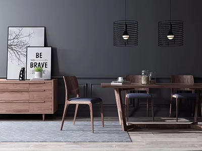 Wooden Dining Table Set With Four Chairs Dark Cushions Black Pendant Lights Gray Walls 3d model