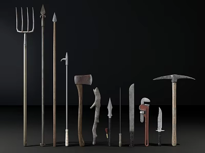 Various Ancient Weapons Collection Including Spears Axes Daggers Knives Hammers And Forks With Metal Handles 3d model