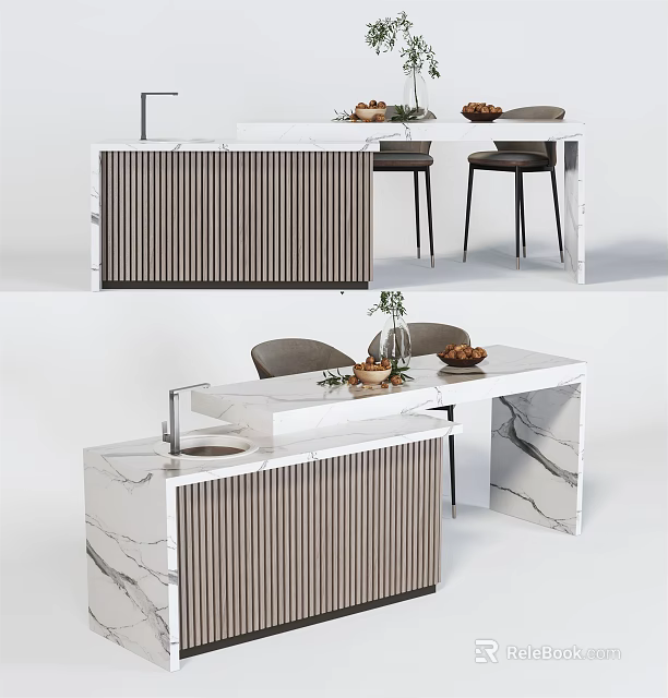 Modern Bar Counter With Marble Top Striped Panel Design And Accent Chairs 3d model 