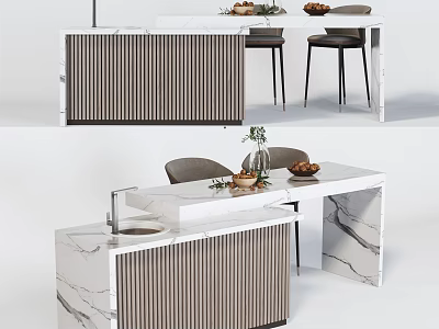 Modern Bar Counter With Marble Top Striped Panel Design And Accent Chairs 3d model