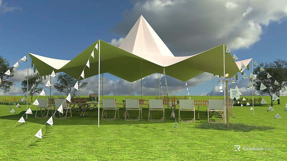 Garden Landscape Featuring White Tensile Membrane Green Lawn Outdoor Seating And Flag Decorations 3d model 