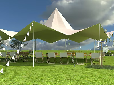 Garden Landscape Featuring White Tensile Membrane Green Lawn Outdoor Seating And Flag Decorations 3d model